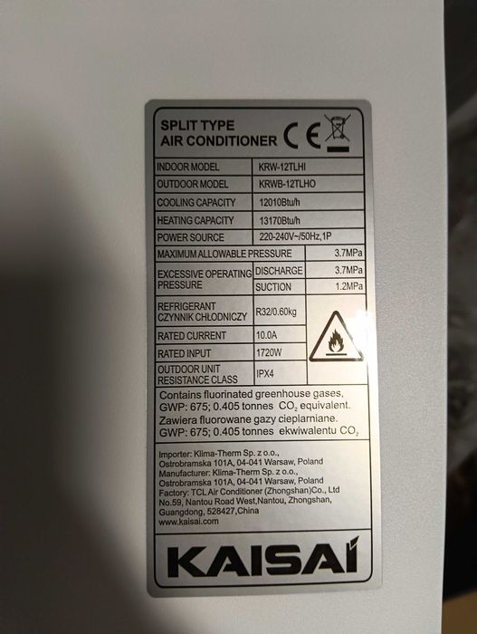 Klimatyzator do grzania SCOP 4,7 Kaisai Pro Heat Plus 3.5kw do 40m2