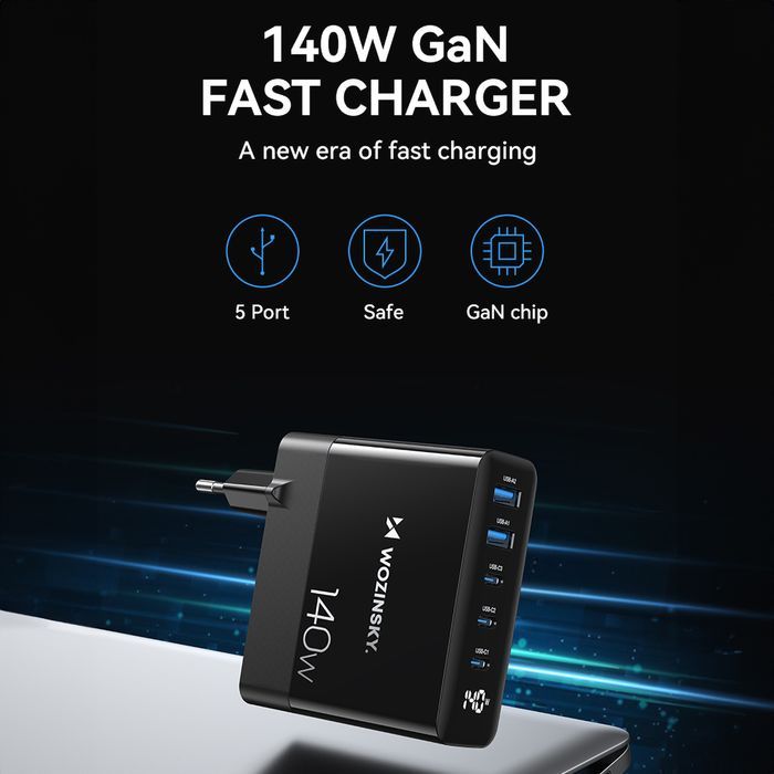 ładowarka sieciowa 100-240v gan 140w 3x usb-c / 2x usb-a czarna