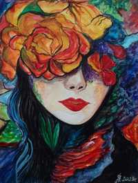 Portret abstrakcja kobieta z kwiatami.