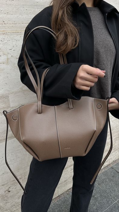 Сумка шопер POLENE Cyme mini коричневая, черная, натуральна шкіра