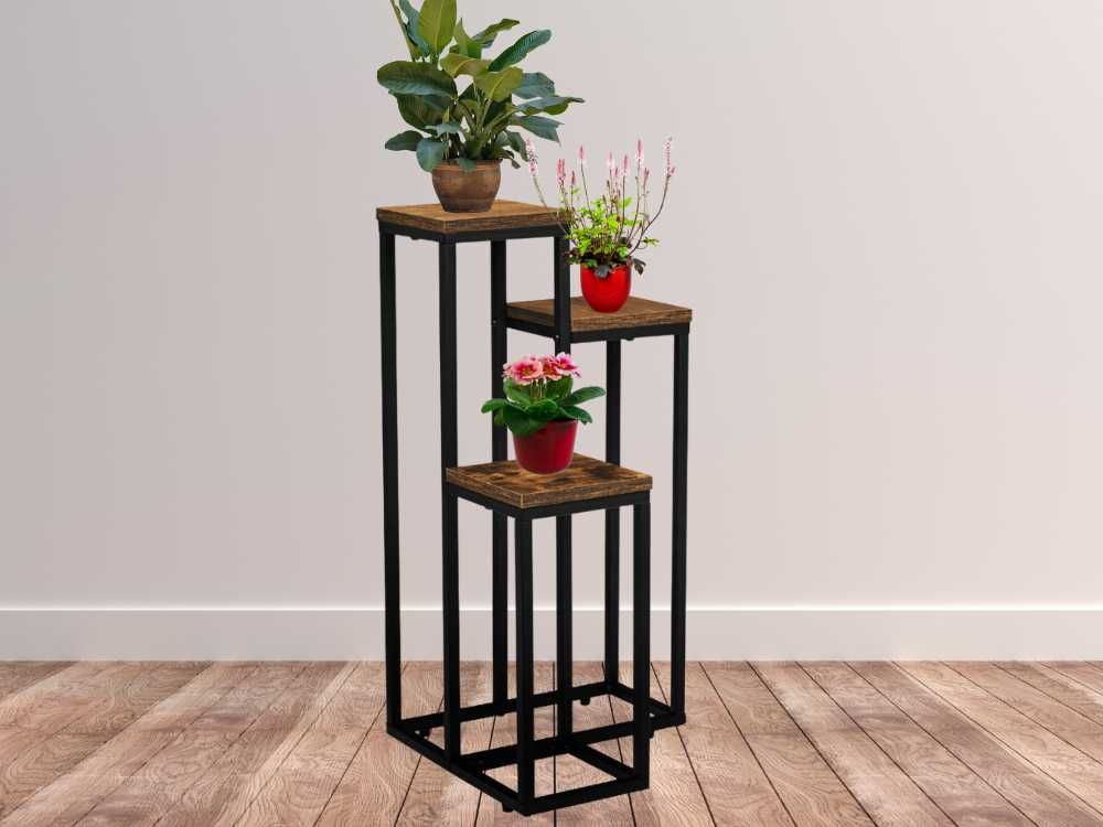 Kwietnik Metalowy Stojący 3 Półki Loft Rustykalny Dąb 67cm