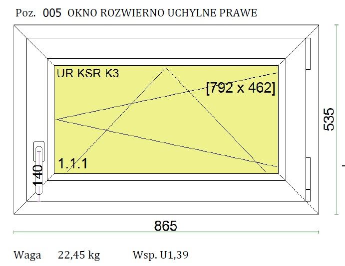 Okno PCV kol. biały wymiar szer. 865 x wys. 535 - RU