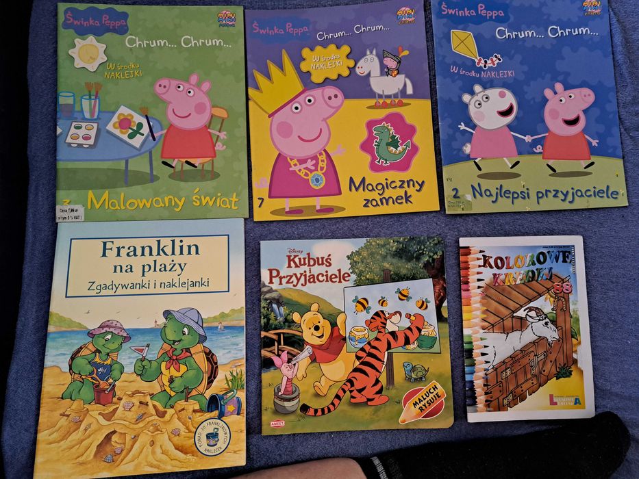 6x książeczki edukacyjne, kolorowanki, PEPPA, Franklin, farma