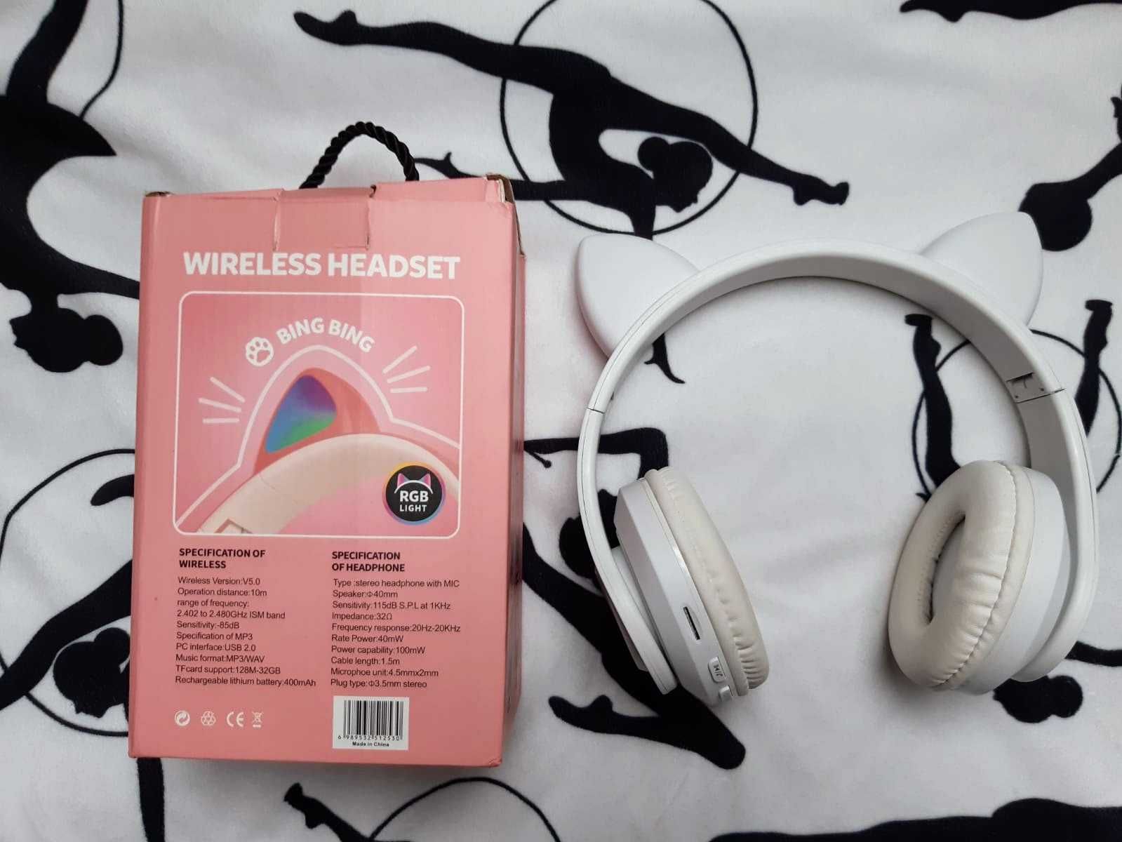 słuchawki bezprzewodowe dla dzieci białe B39M KOCIE USZY CAT EARS LED
