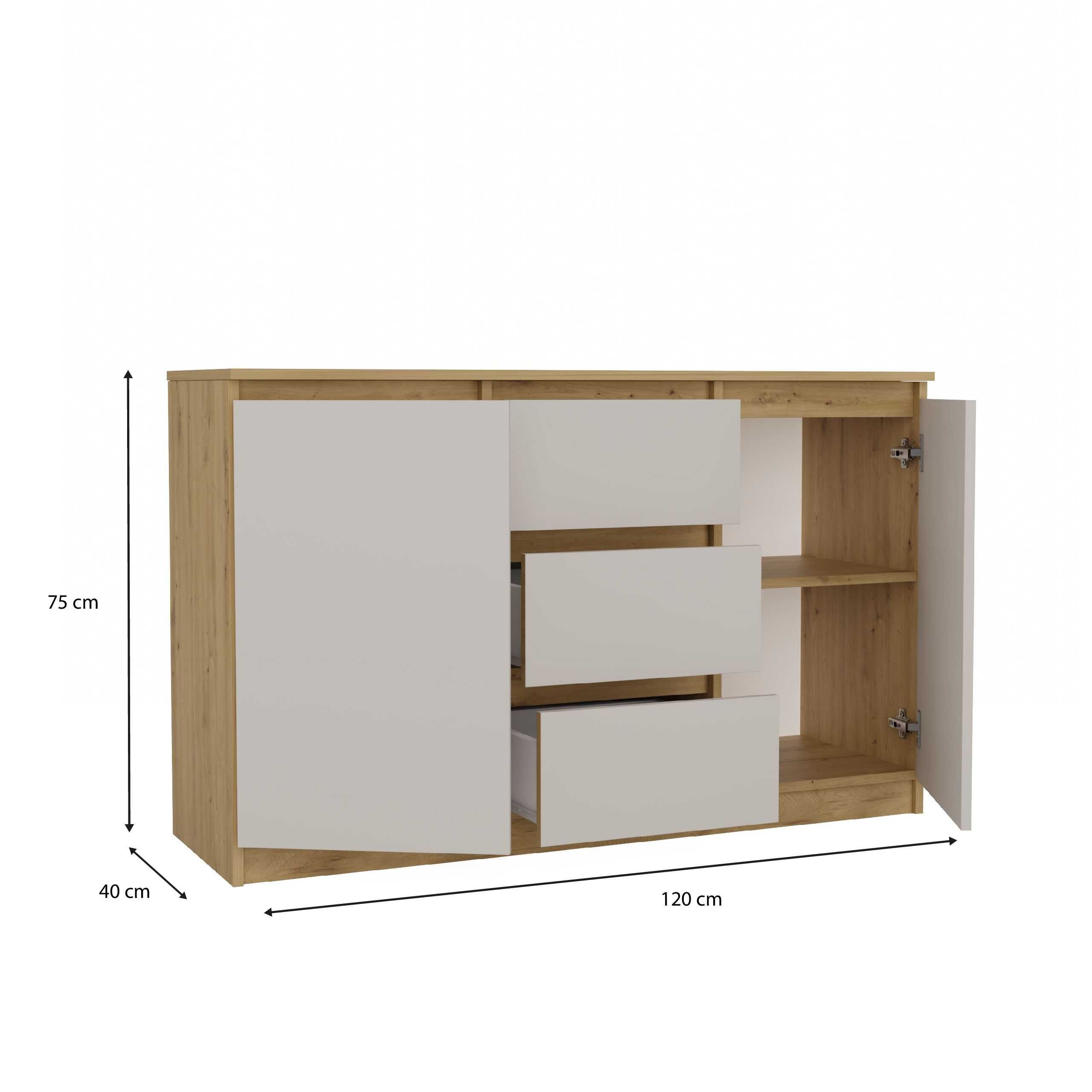 Komoda 2D3S 120 Cm 3 szuflady 2 drzwi Szafka DĄB ARTISAN / KASZMIR BEŻ