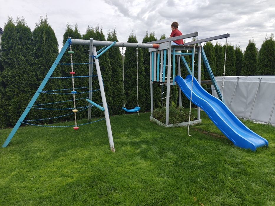 Plac zabaw drewniany zjeżdżalnia huśtawka zestaw ogrodowy dziecięcy