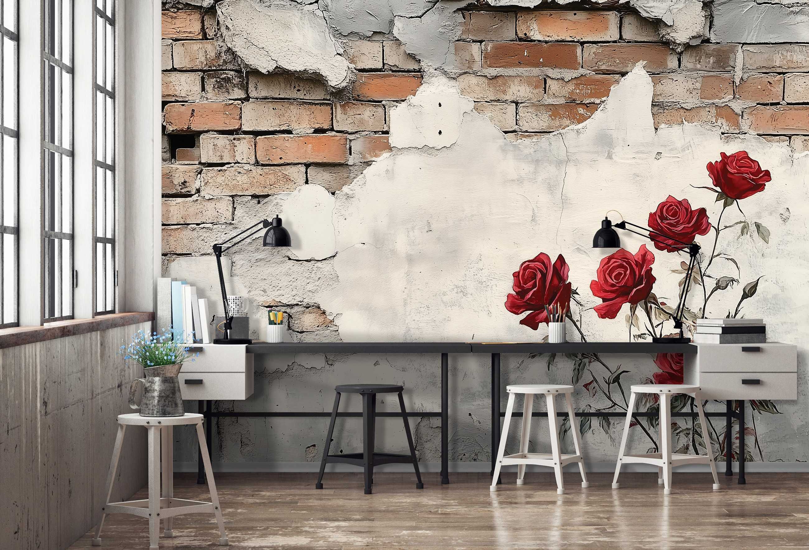 Fototapeta Ściana Cegła Róże Kwiaty Natura Beton Tynk 3D + KLEJ
