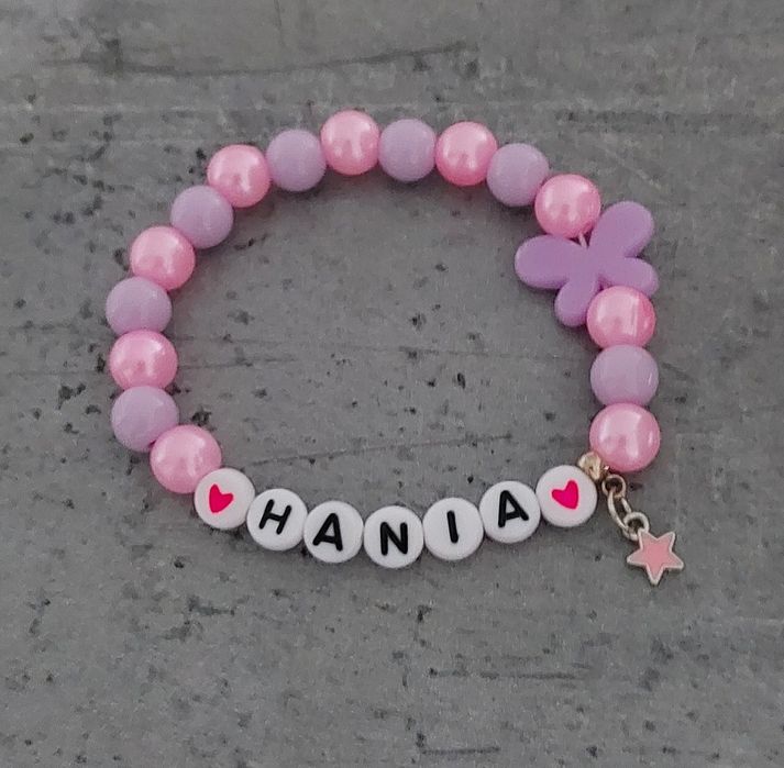 Bransoletka imię imienna z napisem koraliki zawieszka różowa fioletowa