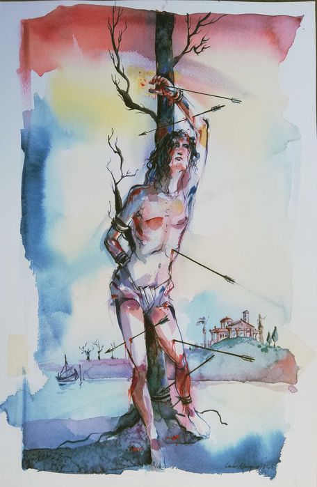 Aguarela de Carlos Marques. Martírio de São Sebastião.