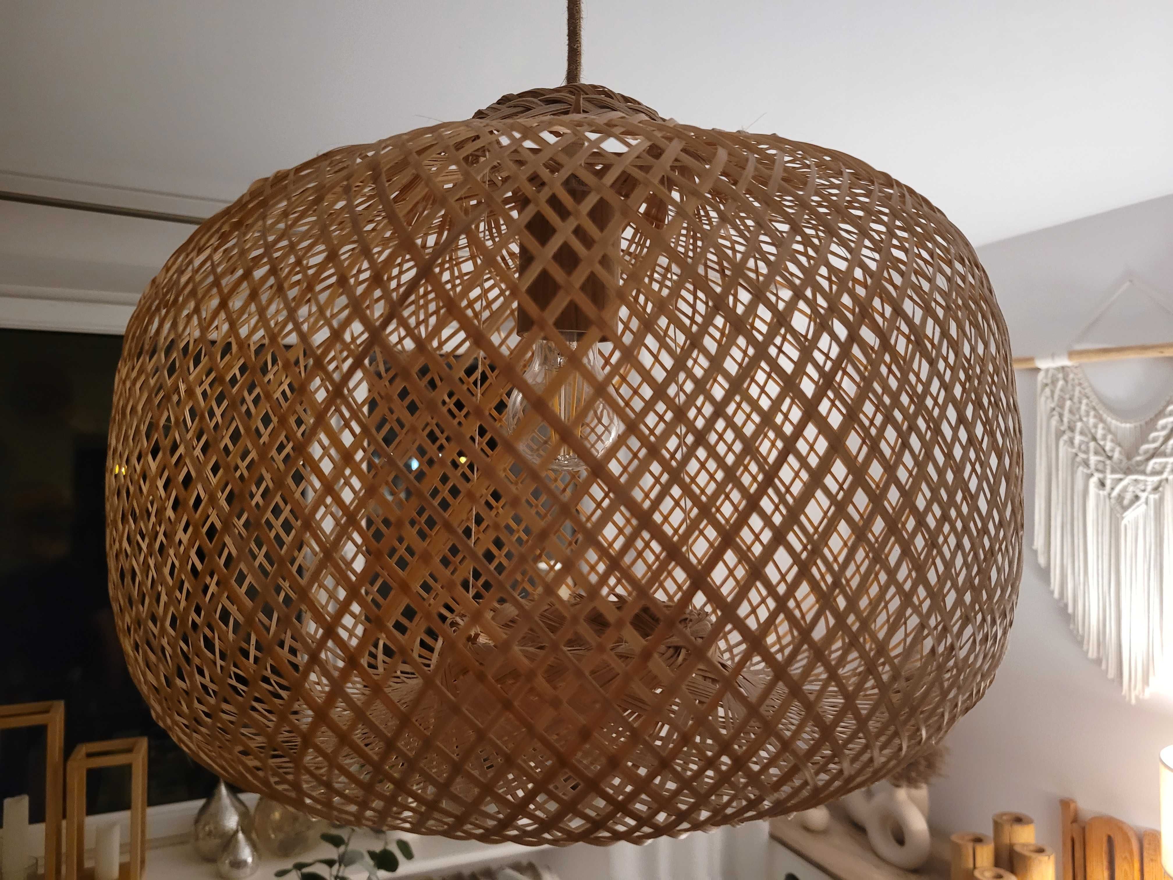 Lampa wisząca klosz rattan boho oprawa dębowa