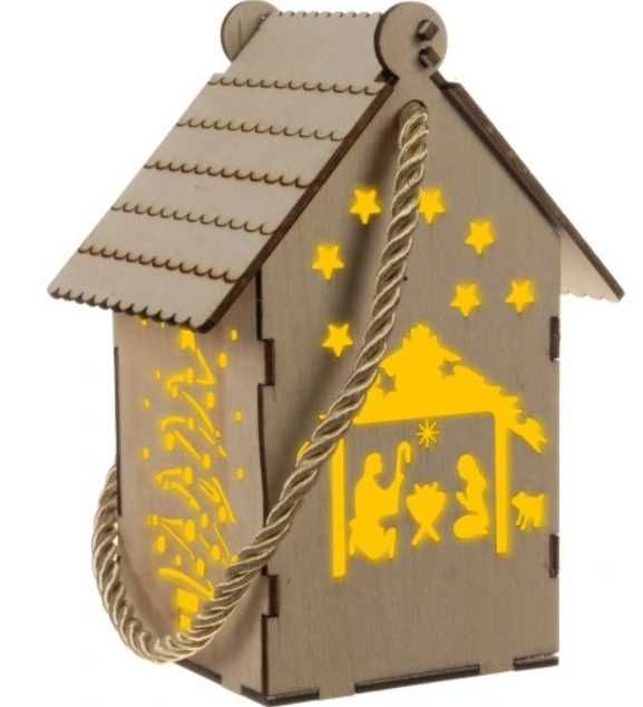 Lampion drewniany adwentowy roraty sznurek 14 cm led