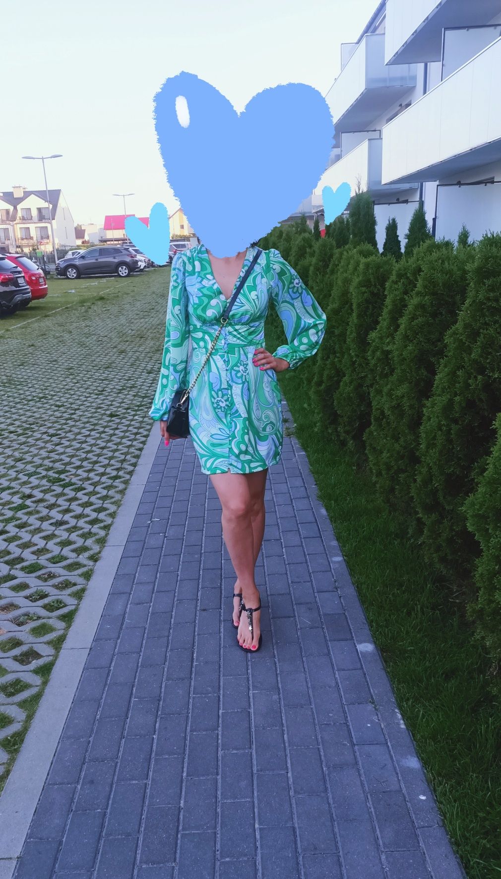 Mohito jedwabna letnia wzorzysta sukienka bufiaste rękawy