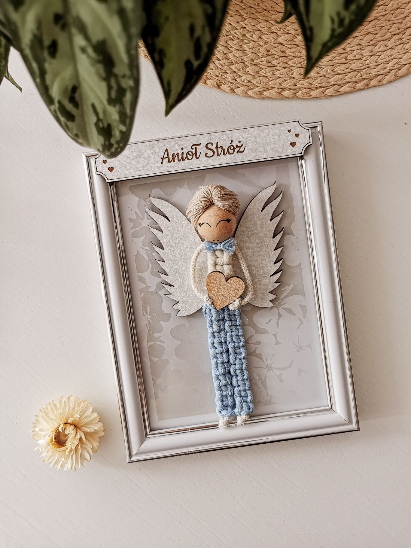 Anioł w ramce chłopiec makrama Chrzest Komunia, Bierzmowanie, prezent