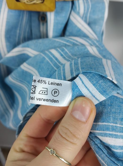 Lniana koszula w paski niebiesko biała narzutka letnia len bawełna L
