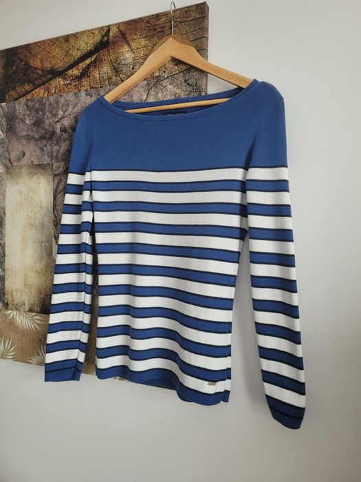 Ciepły damski sweter dekolt łódka Tommy Hilfiger r.M 38 biały niebiesk
