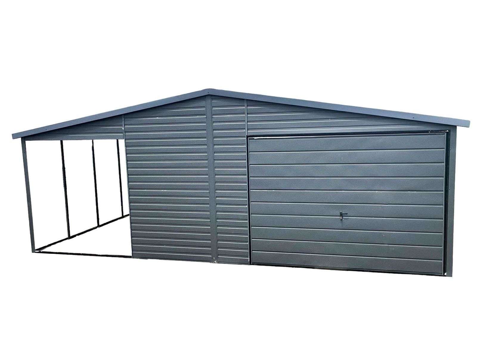 Garaż blaszany 5x6 + wiata antracyt brama uchylna + drzwi 2x okno GP91