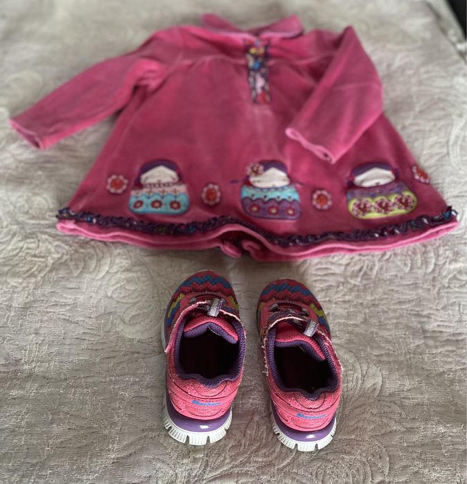 Lote roupinha Conjunto Vestido Tuc-Tuc Tenis Skechers