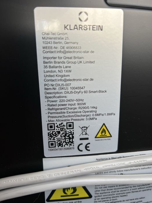 Осушувач повітря 60л з Німеччини KLARSTEIN DryFy Connect 60 10045547