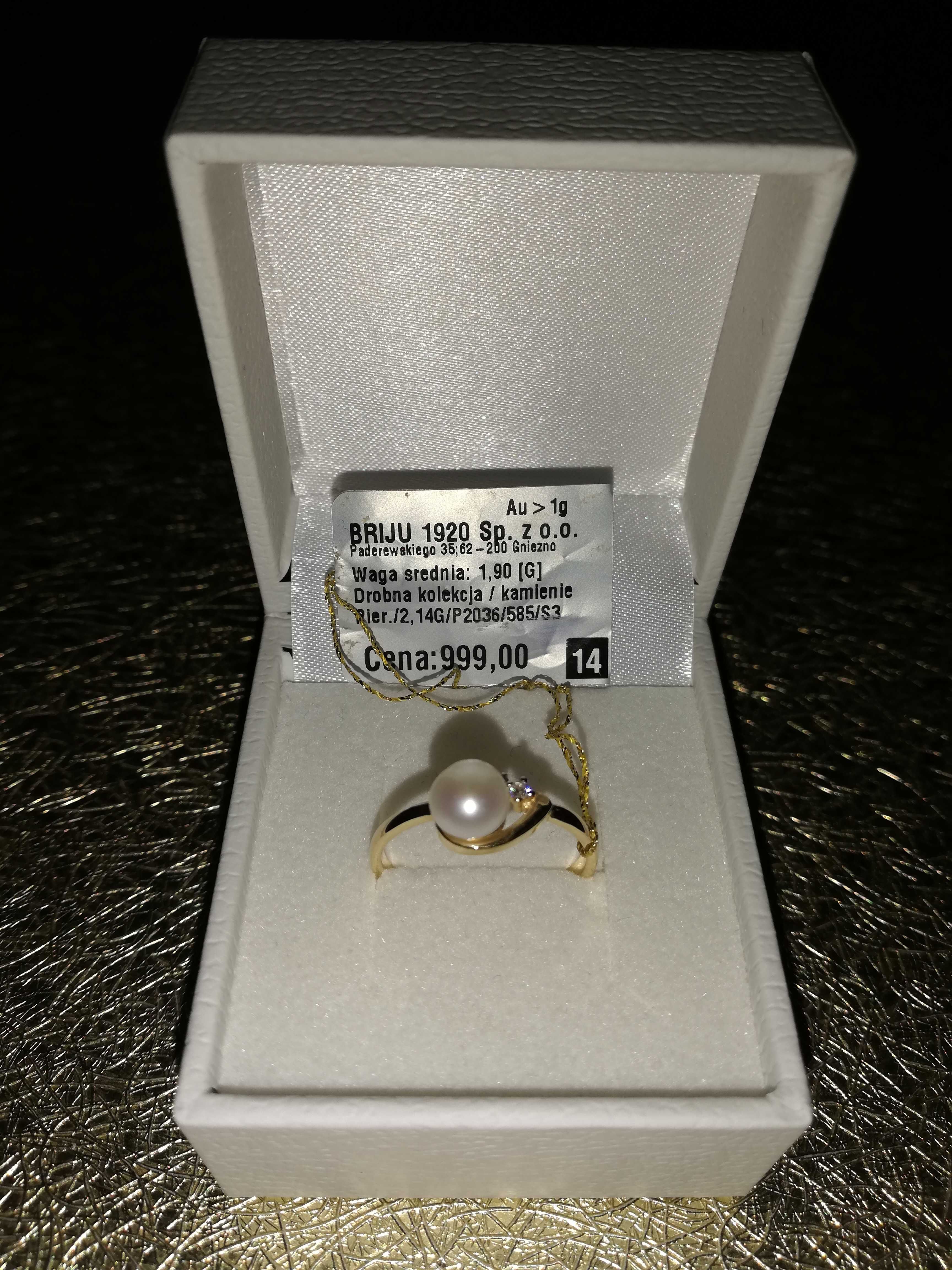 Złoty pierścionek z perłą i cyrkoniami r. 14  próba 585