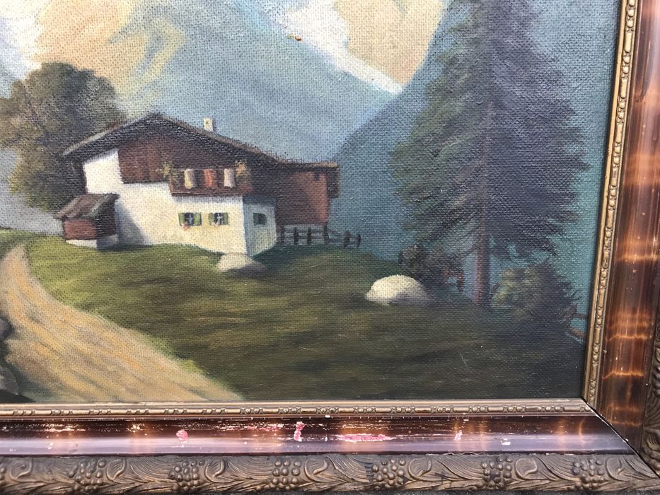 Duży obraz olejny, pejzaż z górami