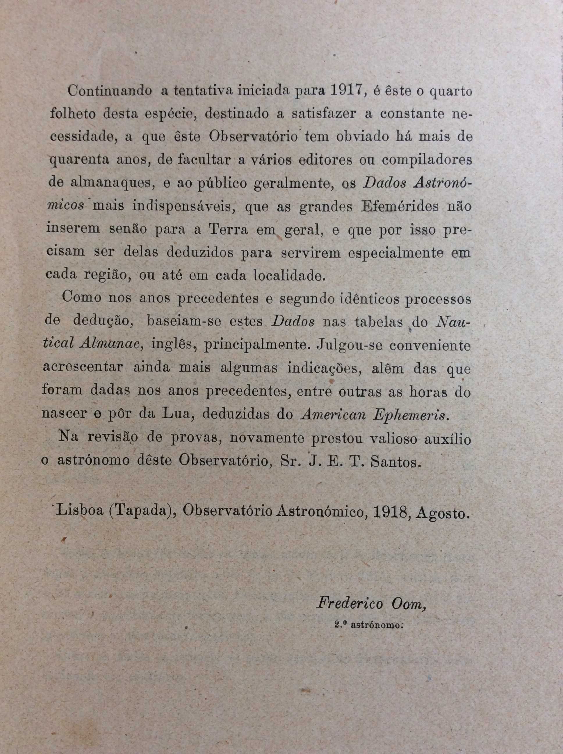 Dados astronómicos para os almanaq. de 1920 para Portugal. Ver índice