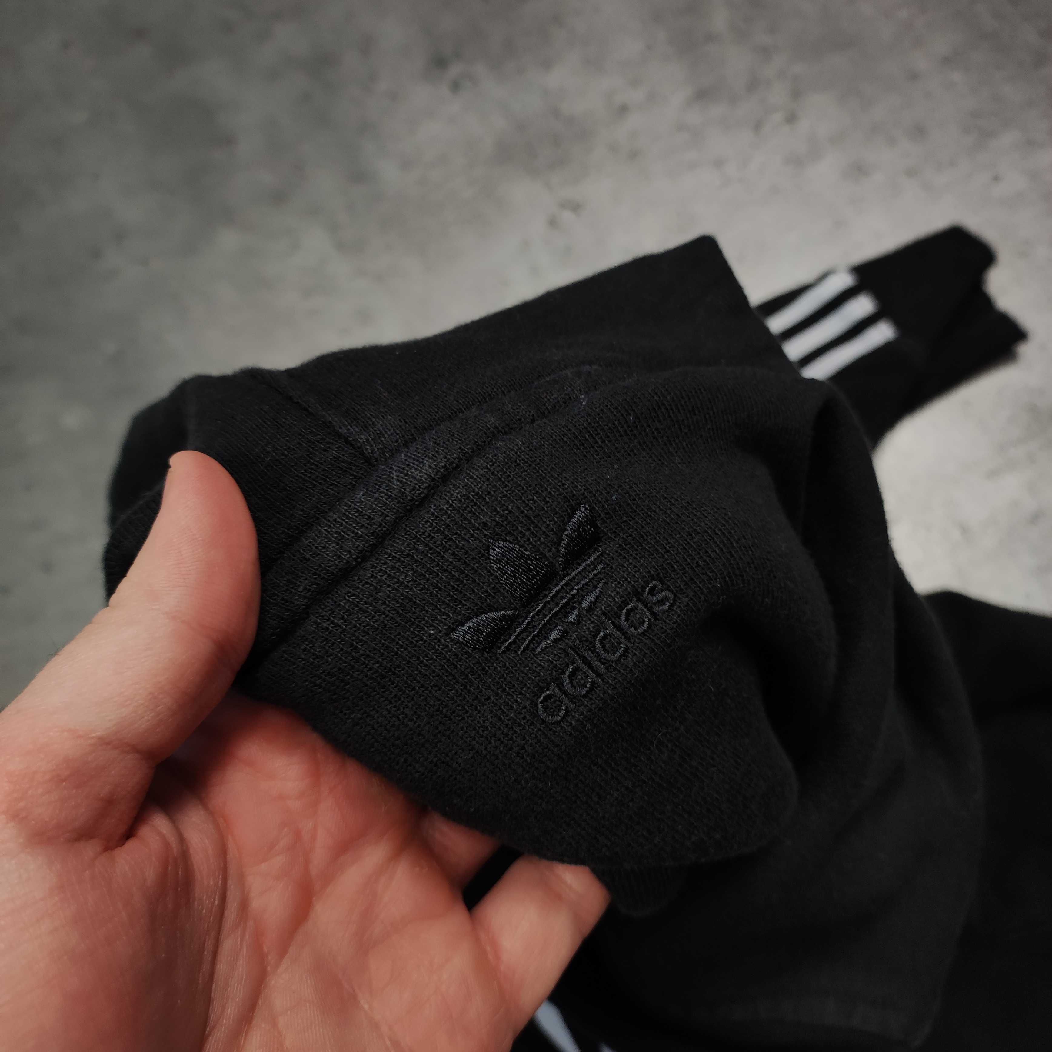 MĘSKA Bluza Czarna Bawełna 3 Paski Adidas Haftowane Logo Hoodie Kaptur