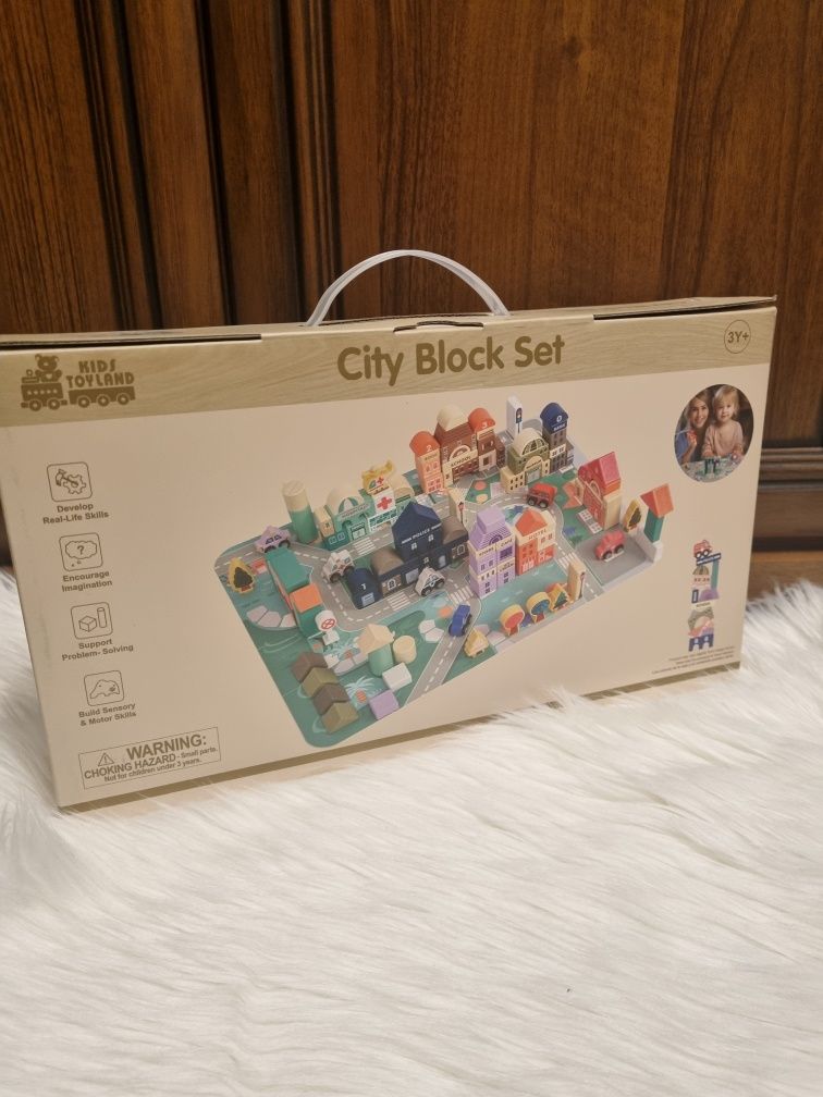 Pastelowy zestaw klocki drewniane miasteczko mata puzzle 115 elementów