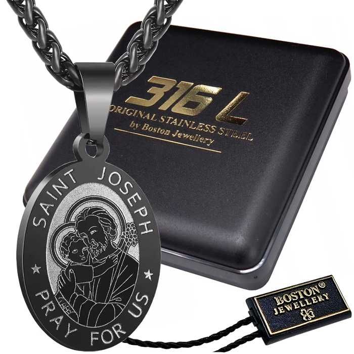 Czarny Łańcuszek z Medalikiem ze Świętym Józefem Splot Królewski 60cm