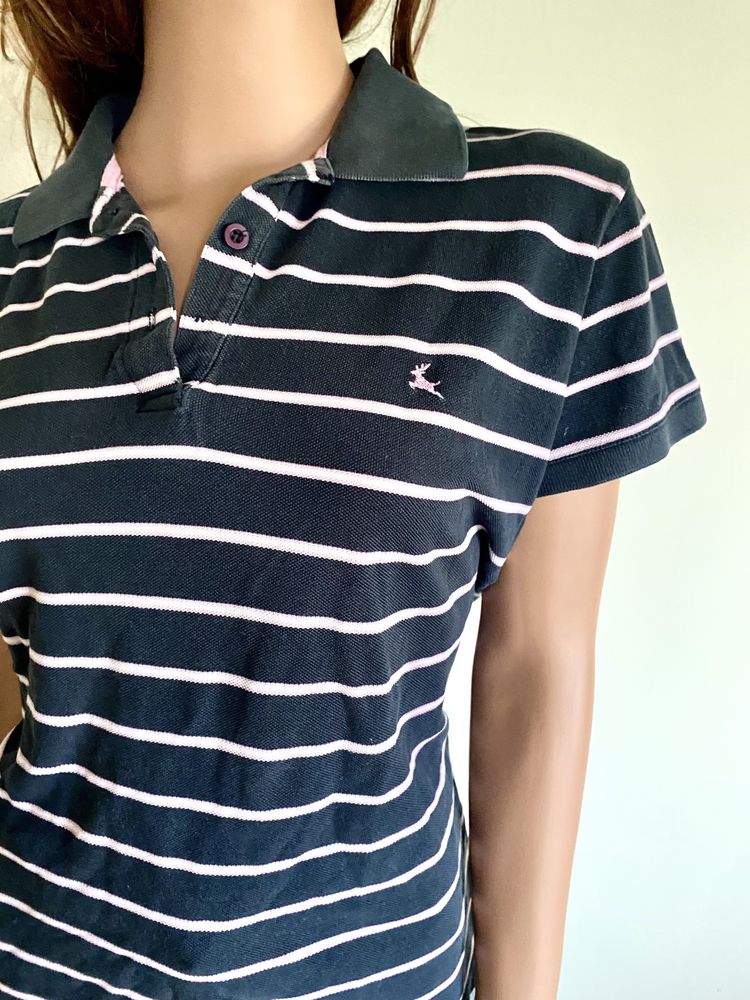 Polo tshirt granatowy w różowo-biały pasy r.16