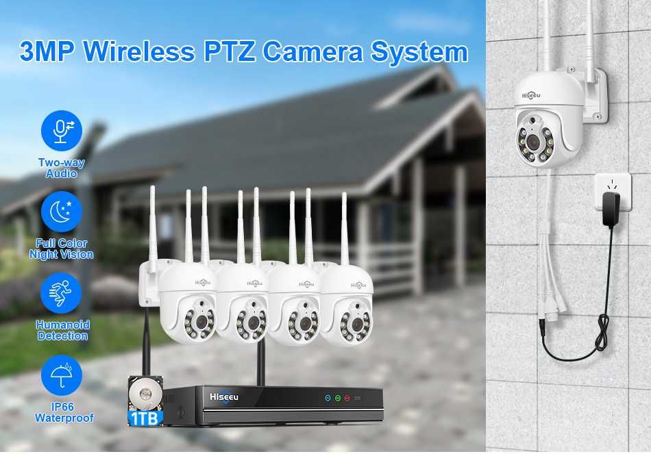 Kit CCTV WiFi 4 câmaras rotativas videovigilância 8CH 3MP Hiseeu