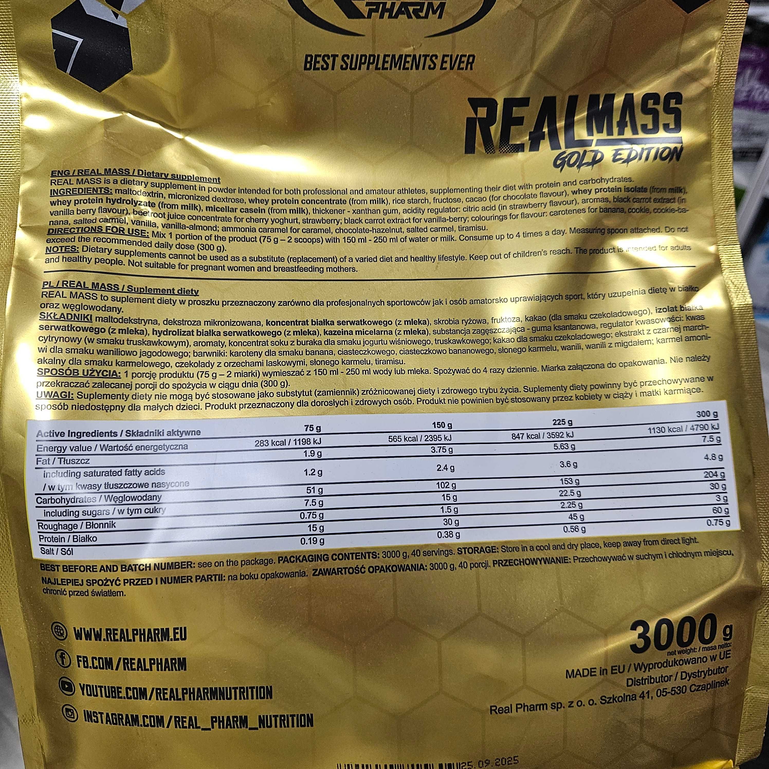 Real Mass Gold Edition Gainer 3KG Czekolada orzech Odżywka na mase