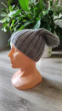 NOWA - Szara, ręcznie robiona, wełniana czapka na drutach