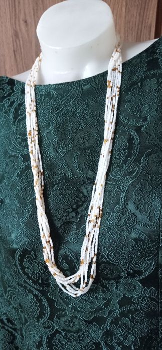Vintage długie biało-złote koraliki