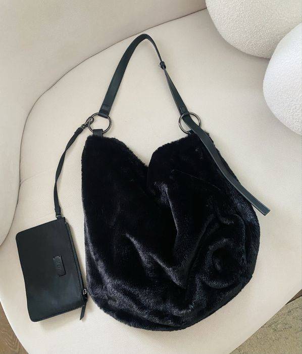 Zara czarna torba futrzana tote futro dwustronna shopper XXL