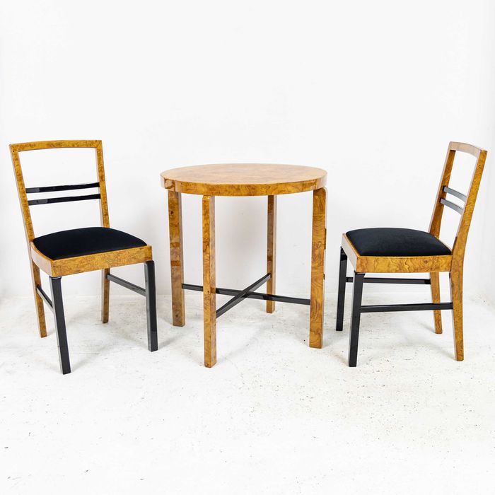 Okrągły stolik i dwa krzesła art deco lata 40-50 PRL vintage wiąz