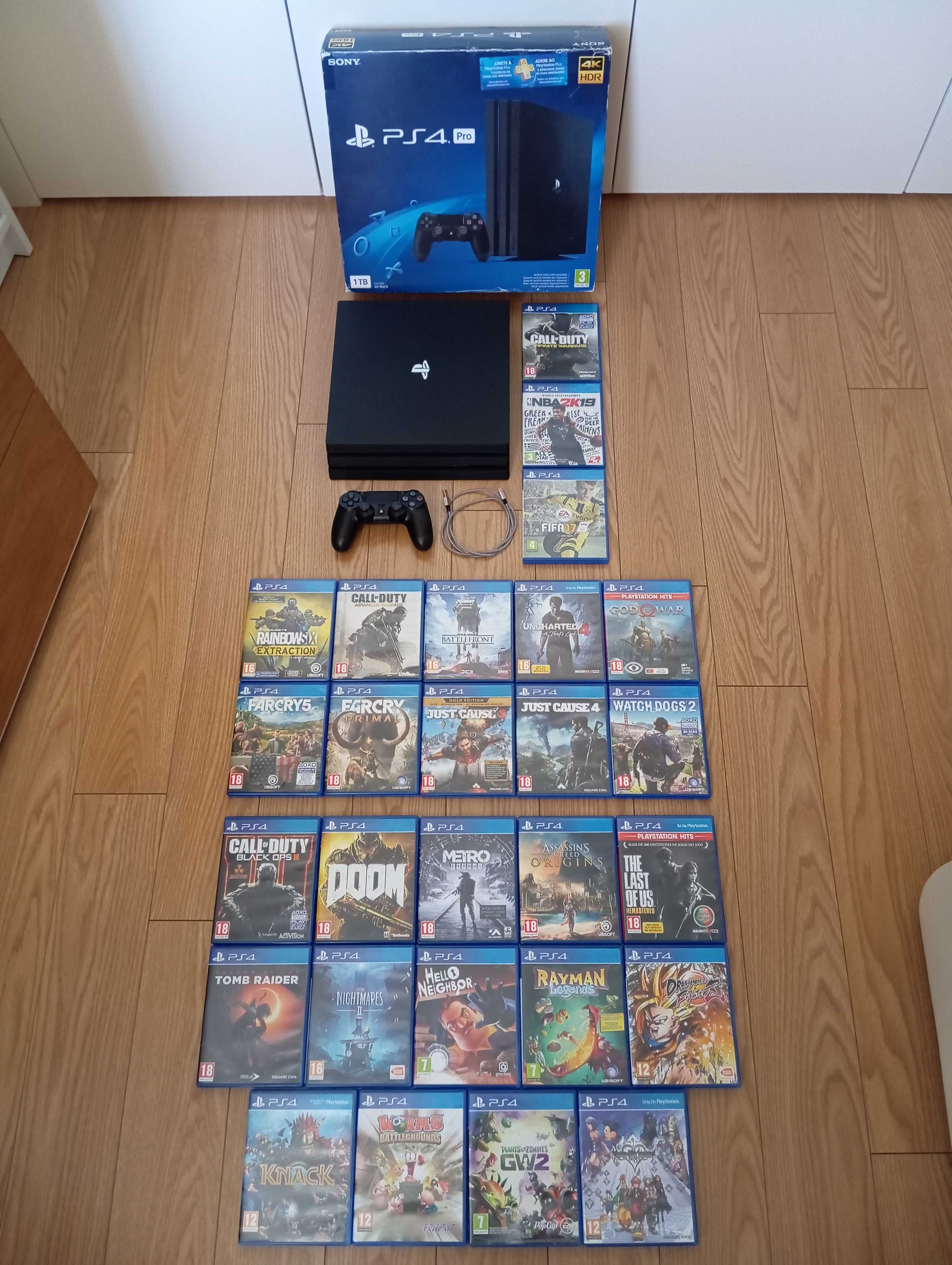 PlayStation 4 PRO 1TB 4K PS4, comando Sony, 3 jogos e embalagem