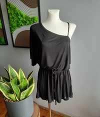 Czarna sukienka mini na jedno ramie cienkie ramiączko wiskozowa