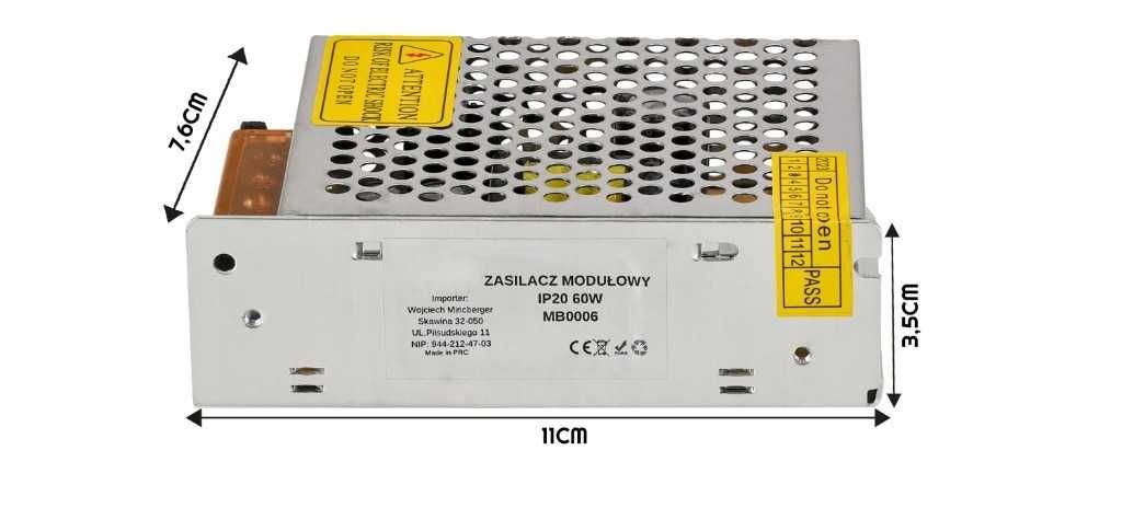 ZasilaczLED 12V 60W 5A Modułowy IP20 Do taśm LED