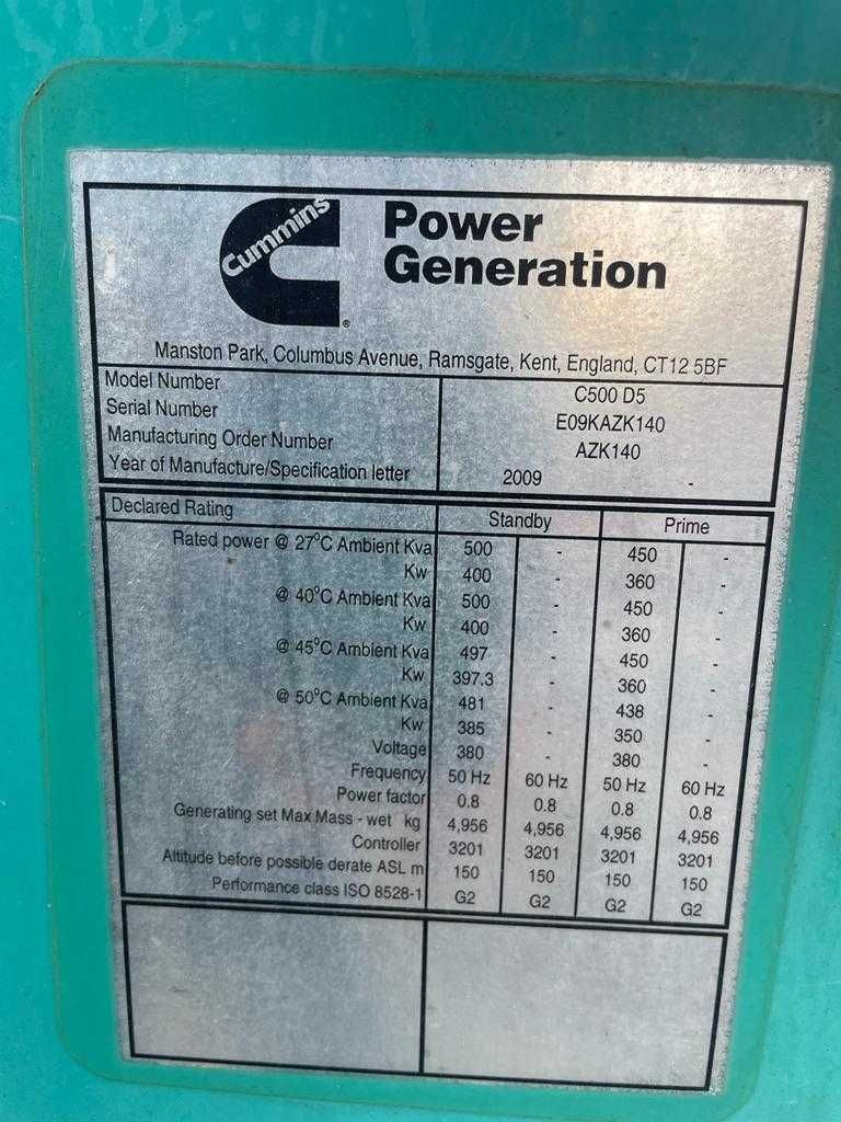 Agregat prądotwórczy CUMMINS C500-D5 - 500 kVA dostępne 2 szt