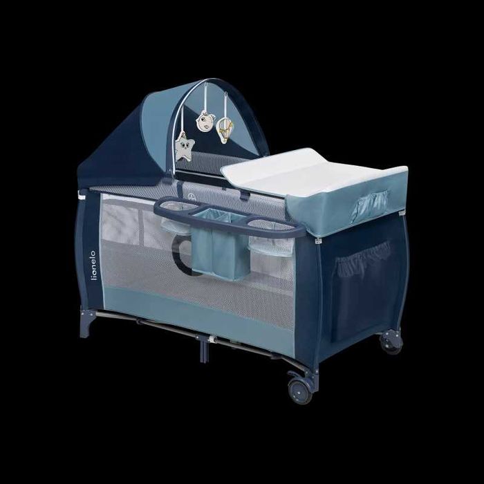 Piękne dwupoziomowe niebieskie łóżeczko turystyczne