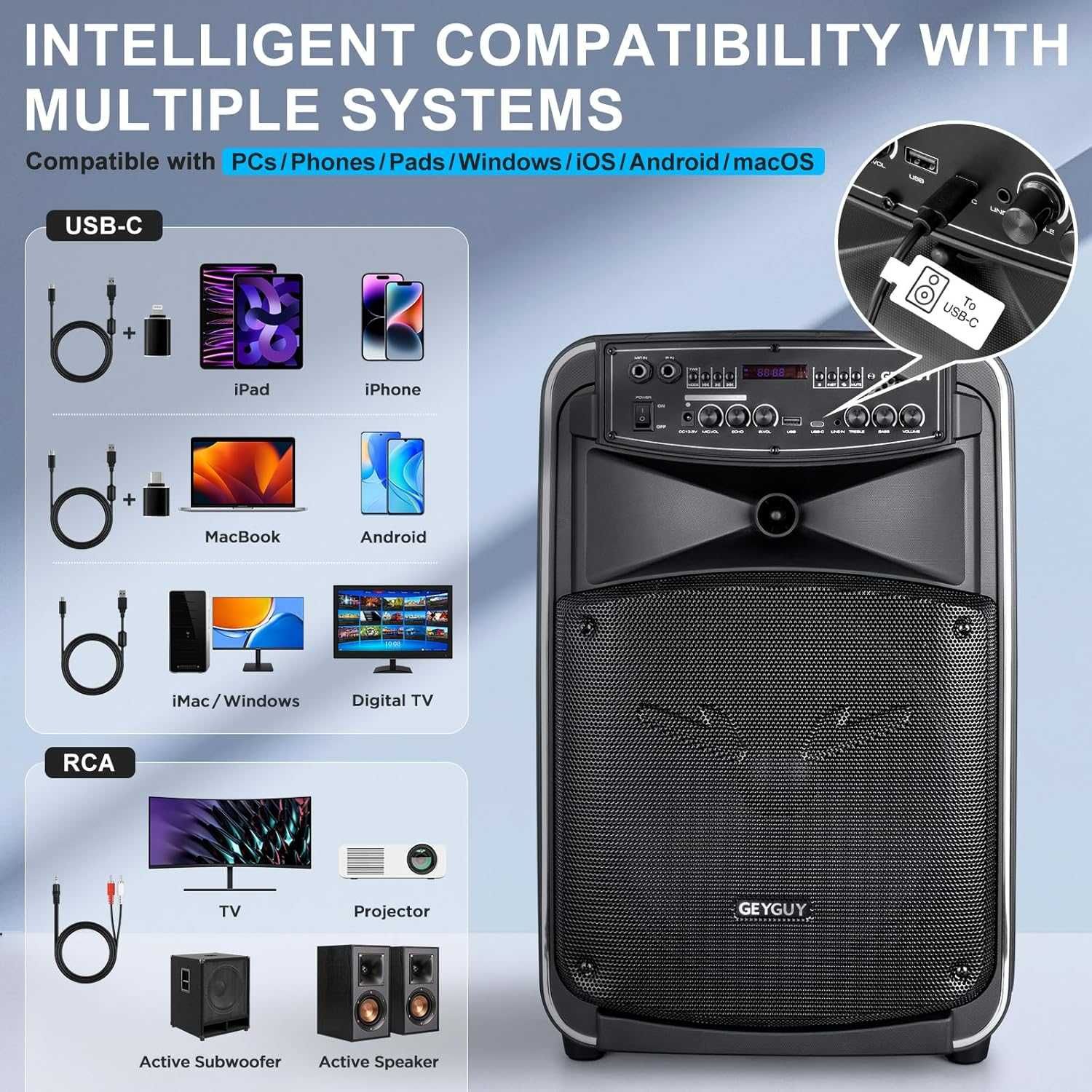 Głośnik Sono Bluetooth KARAOKE USB-C/TWS/FM/AUX in/TV GEYGUY GTSK12-2