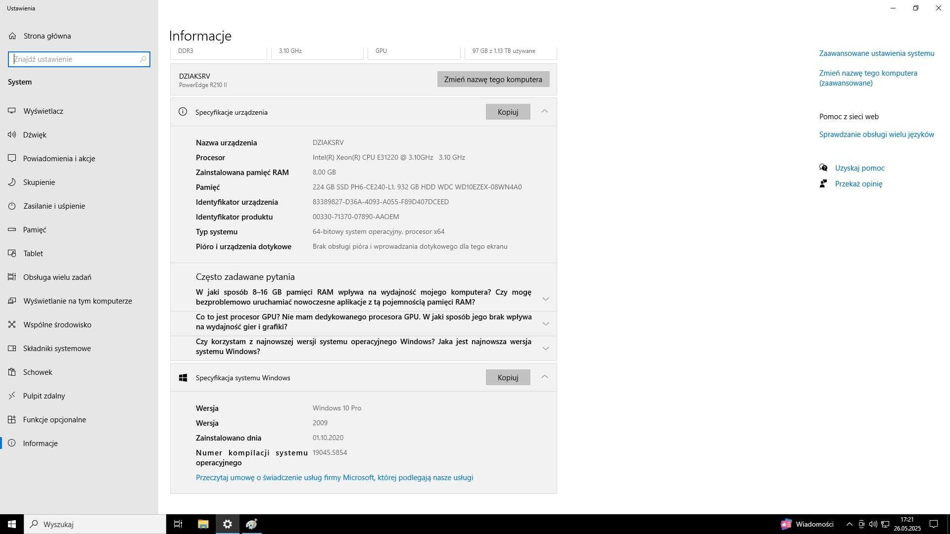Serwer DELL R210 II E3-1220 SSD WINDOWS 10 PRO REF 40CM GŁ