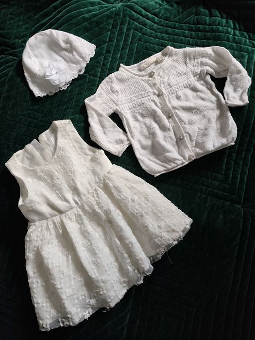 Chrzest uroczystość sukeinka sweterek czapka 62