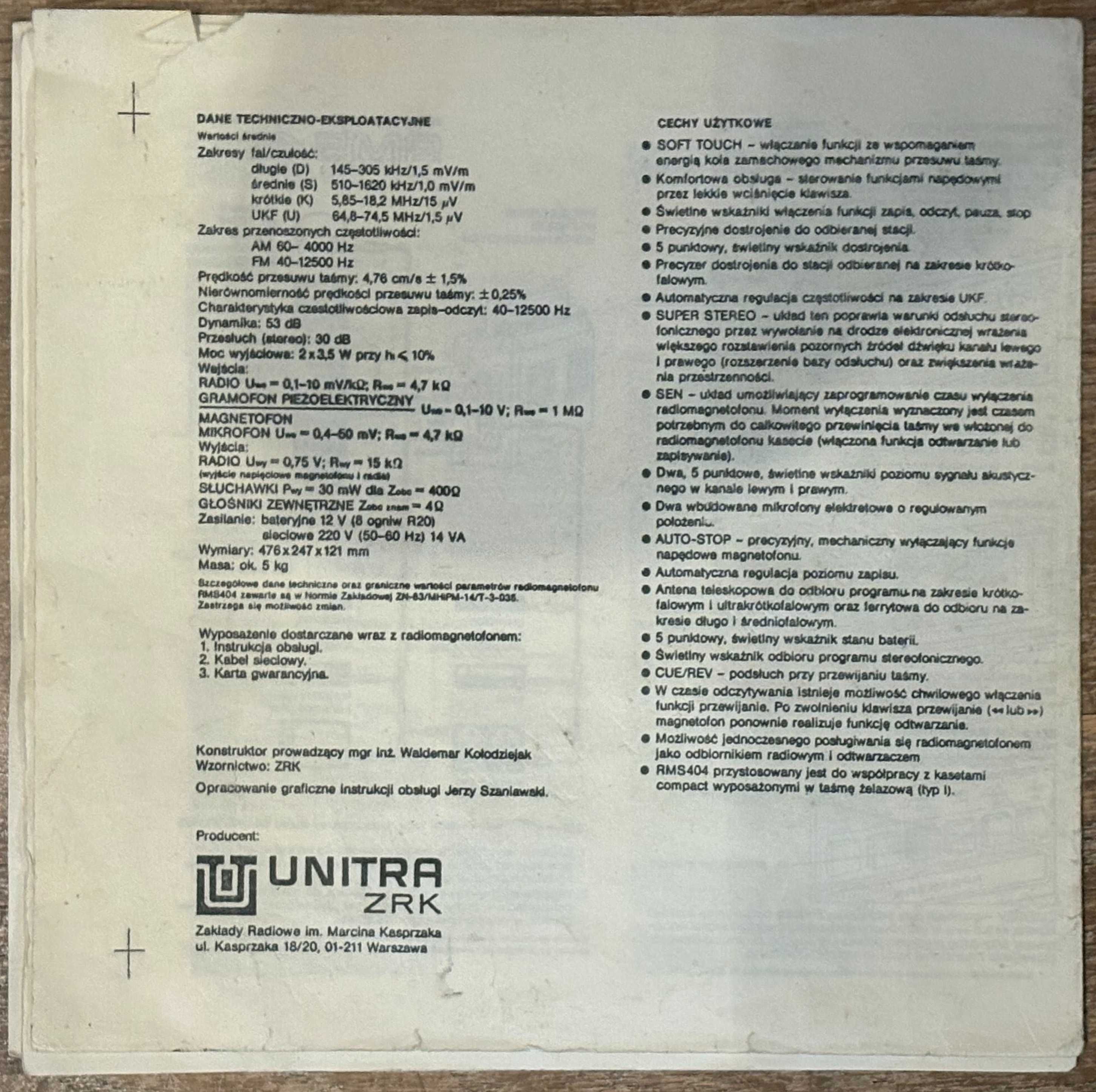 Instrukcja Serwisowa Radiomagnetofon Unitra RMS 404