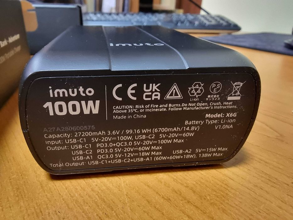 Повербанк для смартфона ноутбука TypeC PD 100W 27200мАч Imuto X6G