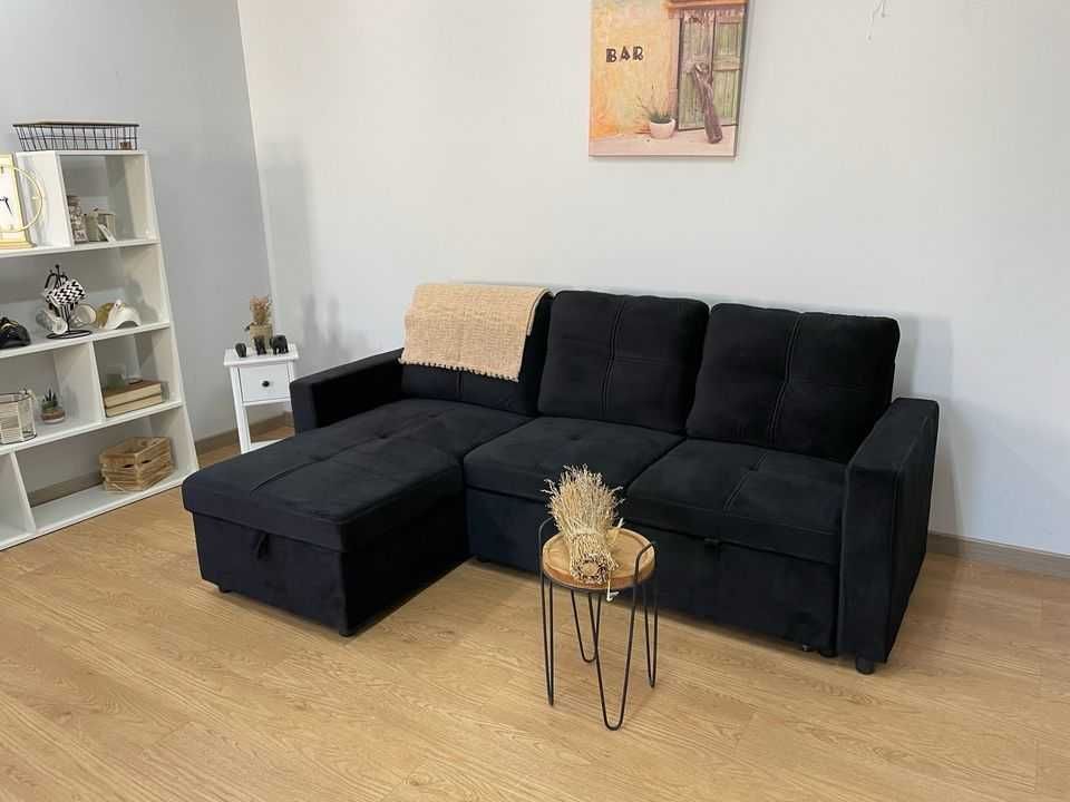 Sofá-cama preto com arrumação, enviamos