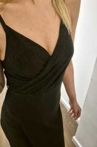 New Look 42 XL sukienka czarna srebrna brokatowa świecąca midi na rami