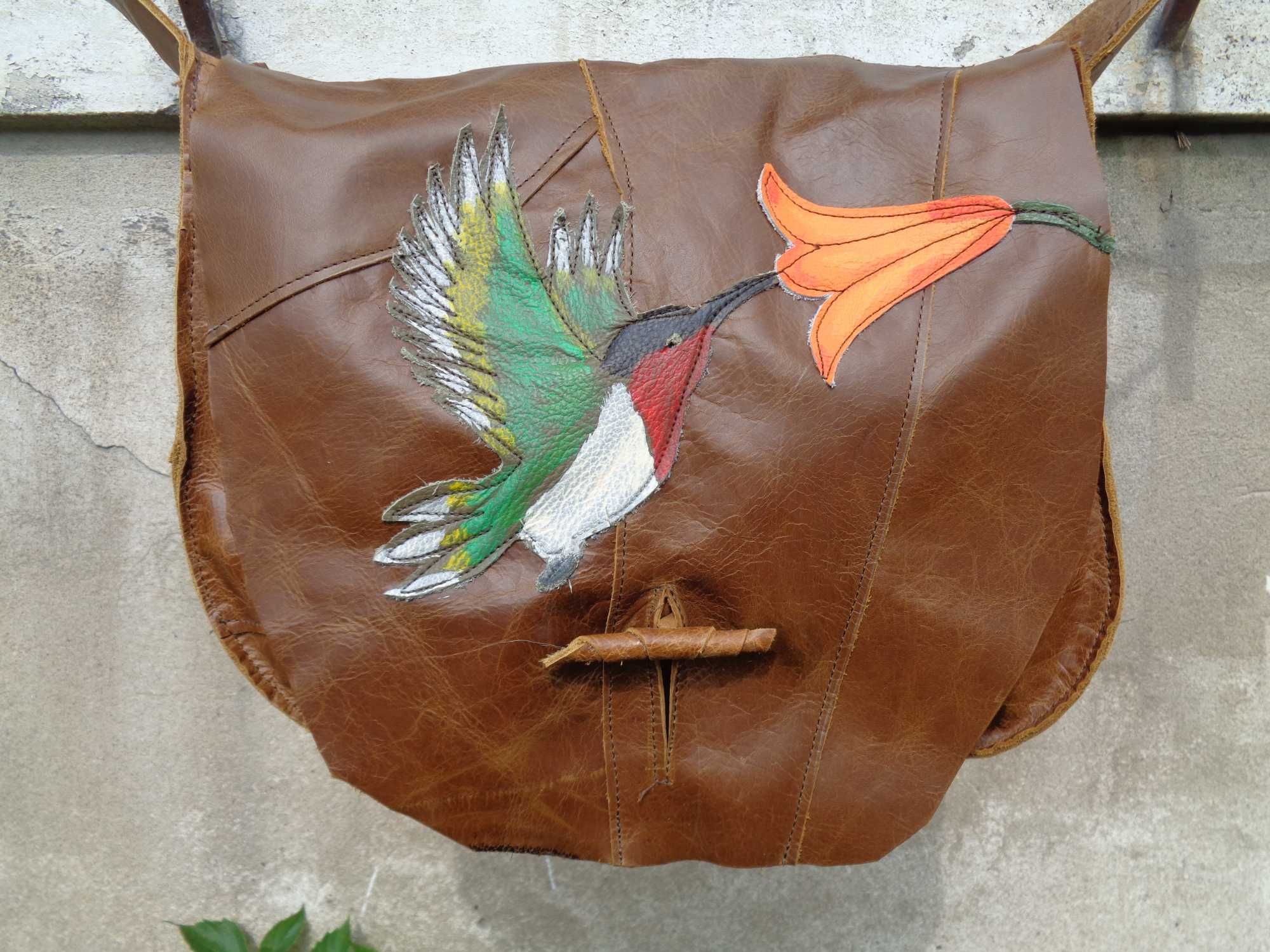 Artystyczna torebka skórzana z kolibrem.  Handmade