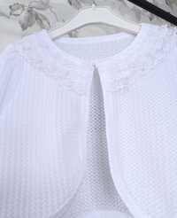 Białe bolerko 116/122 dla dziewczynki sweter kardigan komunia