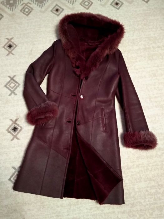 36-38р. Бордовая натуральная дублёнка с капюшоном idil leather